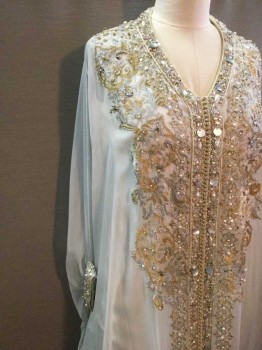 NO LABEL, Lt Gray, Silk, Beaded, Ethnic Styled Caftan, Metallic Lace, Pearls, Beads Rhinestones, V-neck, Detailed Cuffs