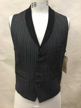 Black, Gray, Wool, Synthetic, Stripes, Black/gray Stripes, Black Shawl Lapel, Button Front, 4 Pockets,