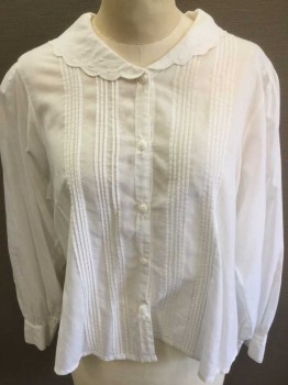 N/L, White, Cotton, Solid, Long Sleeve Button Front, Scallopped Edge Collar with White Dotted Embroidery, 4 Columns Of 5 Vertical Pintucks At Front, 3 In Center Back, Puff Sleeves with Gathered Shoulders, 2 Button Cuffs, Made To Order,