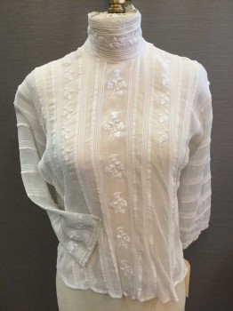 The Christy, White, Cotton, Solid, Floral, Button Back, Pintuck Pleated Stripes, White Floral Embroidery, Band Collar, Crochet Lace Trim Collar/Cuff, Twill Tape Back Waistband and Ties,