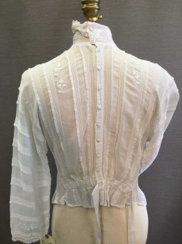 The Christy, White, Cotton, Solid, Floral, Button Back, Pintuck Pleated Stripes, White Floral Embroidery, Band Collar, Crochet Lace Trim Collar/Cuff, Twill Tape Back Waistband and Ties,