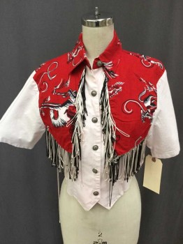 Womens, Shirt, CIRCLE T, Red, Black, White, Lt Pink, Cotton, Novelty Pattern, Solid, S, Rodeo Theme Yoke/Collar, Metal Button Front, Lt Pink Short Sleeve/Body, Cropped, Self Tie Back,