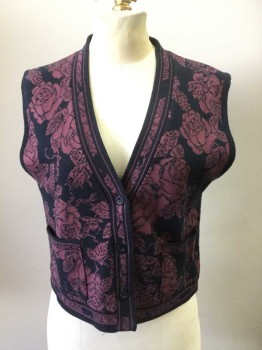VENTICELLO, Navy Blue, Mauve Pink, Cotton, Floral, Navy with Mauve Roses Pattern, 3 Buttons, 2 Patch Pockets, V-neck