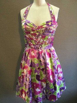 AQUA, Purple, Pink, Lime Green, Yellow, Plum Purple, Polyester, Floral, Abstract , with Lt Beige Lining, 2 of 1/4" Straps, Princess Neckline Halter, Zip Back,