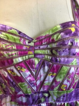 AQUA, Purple, Pink, Lime Green, Yellow, Plum Purple, Polyester, Floral, Abstract , with Lt Beige Lining, 2 of 1/4" Straps, Princess Neckline Halter, Zip Back,