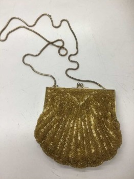 Womens, Purse, Gold, Beaded, Gold Beaded Purse, One Long Gold Strap, Gold Hinged Clasp,