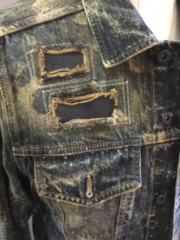 Mens, Jean Jacket, PRPS GOODS, Indigo Blue, Tan Brown, Cotton, Mottled, M, 'Aged' for Fashion with Mottling and 'Mended' Patches,