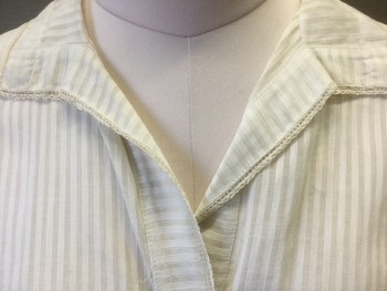N/L, Cream, Cotton, Stripes - Vertical , Cream Self Stripe Lightweight Cotton, 3/4 Sleeves, Snap Closures in Front, Collar Attached with Rounded Shape in Back, Folded Cuffs, 1/4" Cream Crochet Lace Edging Throughout ***Has Brown Stains at Front,
