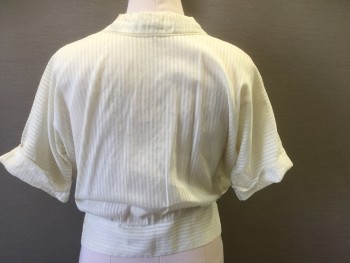 N/L, Cream, Cotton, Stripes - Vertical , Cream Self Stripe Lightweight Cotton, 3/4 Sleeves, Snap Closures in Front, Collar Attached with Rounded Shape in Back, Folded Cuffs, 1/4" Cream Crochet Lace Edging Throughout ***Has Brown Stains at Front,