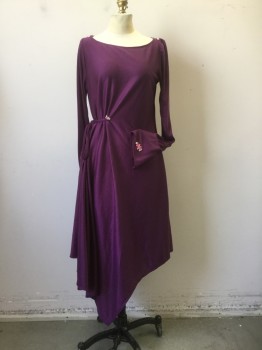 N/L, Purple, Wool, Solid, Scoop Neck, L/S, Asymmetrical with Bell Crossover, Open Cuff, Uneven Hem, Embroidered Ribbon Florettes at Back Neck/Cuff/CF Belt/CB Belt, Attached Belt at Center Front and Center Back Tie At Side