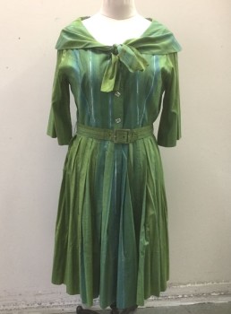 KIVA, Green, Teal Blue, White, Cotton, Stripes - Vertical , Green with Teal Blue, White Streaks Pattern, Rounded Portrait Collar, 3/4 Sleeves, Shirtwaist with 3 Silver Rectangular Buttons, Pleated Skirt, Knee Length, **2 Piece: Comes with Matching Self Fabric Belt **Belt Fabric Worn in Spots