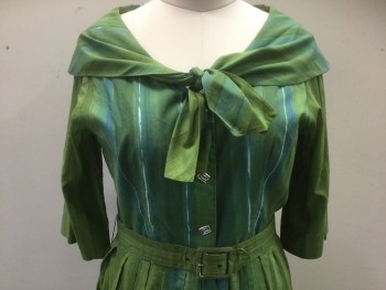 KIVA, Green, Teal Blue, White, Cotton, Stripes - Vertical , Green with Teal Blue, White Streaks Pattern, Rounded Portrait Collar, 3/4 Sleeves, Shirtwaist with 3 Silver Rectangular Buttons, Pleated Skirt, Knee Length, **2 Piece: Comes with Matching Self Fabric Belt **Belt Fabric Worn in Spots
