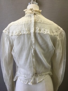 N/L, Off White, Silk, Cotton, Solid, Floral, Netting Over China Silk, L/S, High Collar, Buttons in Back, Floral Embroidery in Column Down CF, Ruffled Trim at Neck, Chest, Etc,  **Mended at Underarms & Sleeves,