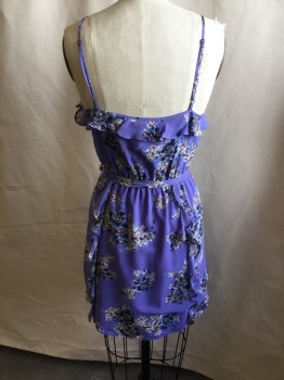 JOIE, Periwinkle Blue, Powder Blue, Teal Blue, Lt Brown, Off White, Silk, Floral, Solid Light Purple Lining, Spaghetti Adjustable Straps, Overlap V-neck, with Ruffle Works & 1 Snap Button, Thin Elastic Waist, 2 Vertical Ruffles on Skirt Front & Back, with 1" SELF BELT