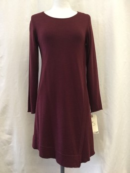 Womens, Dress, Long & 3/4 Sleeve, EILEEN FISHER, Red Burgundy, Wool, Solid, PS, Round Neck,  Side Slit with Ribbed Detail,