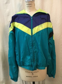 Womens, Jacket, SPALDING, Navy Blue, Lime Green, Teal Blue, Black, Nylon, Polyester, Color Blocking, XL, Zip Front, 2 Pockets,