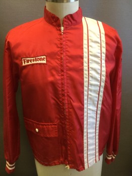 Mens, Windbreaker, NL , Red, White, Nylon, Solid, Stripes, L, Zip Front, Band Collar,  White Stripes, Pocket Flap, Firestone Patch on Front and Applique on Back
