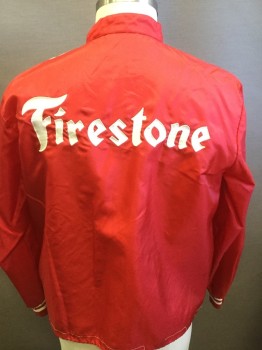 Mens, Windbreaker, NL , Red, White, Nylon, Solid, Stripes, L, Zip Front, Band Collar,  White Stripes, Pocket Flap, Firestone Patch on Front and Applique on Back