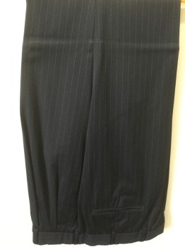 Mens, 1990s Vintage, Suit, Pants, BROOKS BROTHERS, Navy Blue, Gray, Wool, Stripes - Pin, 33, 36, Double Pleats, 2 Welt Pocket, Cuffed
