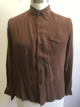 Mens, Club Shirt, BOCCI, Brown, Silk, Solid, XL, Chiffon, Long Sleeve Button Front, Collar Attached, 1 Pocket with Button Flap Closure, Burgundy Pleat at Center of Pocket,