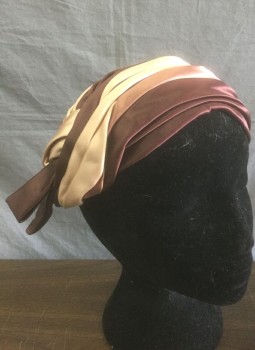 Womens, Hat, N/L, Brown, Lt Brown, Beige, Silk, Gathered Shades of Brown and Beige Satin, Knotted at Side, Structured Base, Cloche-like, Midcentury,