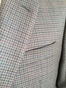 Mens, Sportcoat/Blazer, RALPH  LAUREN, Lt Brown, Dk Brown, Teal Green, Maroon Red, Wool, Polyester, Houndstooth, 36S, Shinny Brown Lining, Notched Lapel, Single Breasted, 2 Button Front, 3 Pockets, Long Sleeves, 1 Split Back Hem