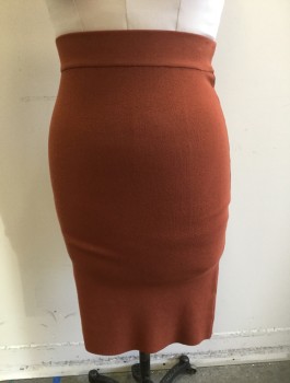 Womens, Skirt, Knee Length, LEITH, Rust Orange, Viscose, Nylon, Solid, M, Ribbed Stretchy Knit, Pencil Skirt, 2" Wide Self Waistband