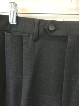 RALPH LAUREN, Gray, Blue, Wool, Grid , Gray with Blue Faint Grid Stripes, Double Pleated, Button Tab Waist, Zip Fly, 5 Pockets Including 1 Watch Pocket, Straight Leg