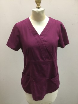 GREY'S ANATOMY, Wine Red, Poly/Cotton, Lycra, Solid, V. Neck, Cross Over Detail, 2 Pockets, Short Sleeves, Multiples