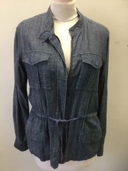 Womens, Casual Jacket, CLUB MONACO, Dusty Blue, Lt Gray, Cotton, Polyester, 2 Color Weave, Large, Zip Front, Drawstring Waist, 4 Camp Pockets, Band Collar with Snap,