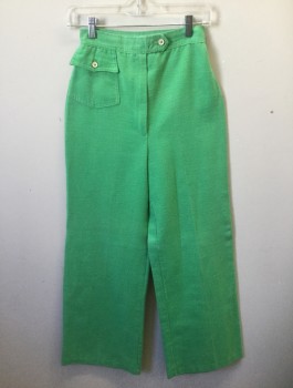 Womens, Pants, MONTGOMERY WARD, Green, Cotton, Solid, H:34, W:24, Day-Glo Bright Green, Gauze, 1" Wide Self Waistband, Wide Leg, High Waist, Zip Fly, 1 Patch Pocket with Button Flap Closure at Hip,