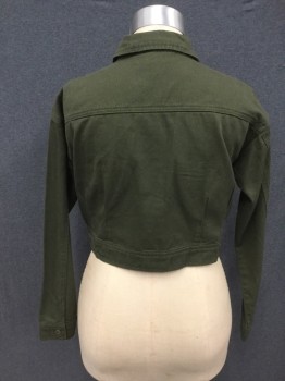 FOREVER 21, Dk Olive Grn, Cotton, Solid, Button Front, Collar Attached, Long Sleeves, 2 Large Flap Pockets, Button Tabs Back Waistband