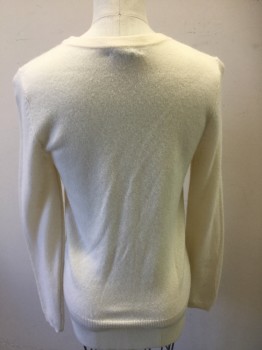 BLOOMINGDALES, Ivory White, Camel Hair, Solid, Long Sleeves, Button Front, Crew Neck,