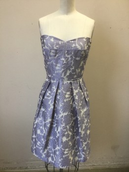CYNTHIA STEFFE, Lavender Purple, White, Polyester, Cotton, Floral, Lavender and White Floral Brocade, Strapless, Lavender Piping Detail Across Bust, Pleated at Waist, Full Skirt, Hem Above Knee **TV Alts in Back, Darts Taken in Either Side of Zipper