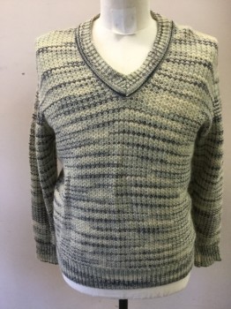 SOS QUALITY KNITWEAR, Oatmeal Brown, Navy Blue, Dusty Blue, Wool, Stripes, Pullover, Ribbed Knit V-neck, Ribbed Knit Cuff/Waistband