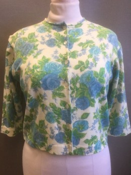 JANTZEN, Cream, Blue, Green, Lime Green, Wool, Floral, Floral Pattern Knit, Cardigan, 3/4 Sleeves, Round Neck,