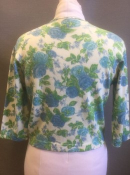 JANTZEN, Cream, Blue, Green, Lime Green, Wool, Floral, Floral Pattern Knit, Cardigan, 3/4 Sleeves, Round Neck,