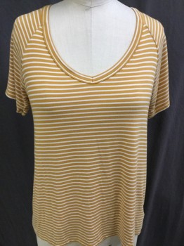 Womens, Top, AMERICAN EAGLE , Mustard Yellow, Off White, Cotton, Polyester, Stripes - Horizontal , XS, Mustard with Off White Horizontal Stripes, V-neck, Raglan Short Sleeves,
