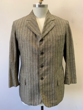Mens, Suit, Jacket, SIAM COSTUMES MTO, Beige, Black, Cotton, Linen, Speckled, Stripes - Vertical , W:40, 46R, Openn, Single Breasted, Notched Lapel, 4 Buttons, 3 Pockets, Tan Lining,