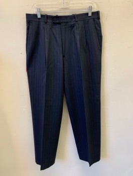 DI MITRI / RAPHAEL, Navy Blue, Multi-color, Wool, Stripes - Pin, Double Pleated, Button Tab, Full Relaxed Legs, Zip Fly, 3 Pockets, Belt Loops,