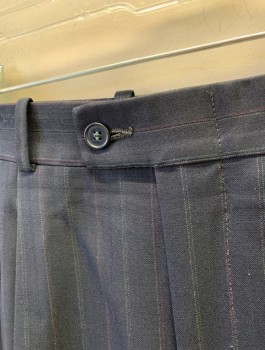 DI MITRI / RAPHAEL, Navy Blue, Multi-color, Wool, Stripes - Pin, Double Pleated, Button Tab, Full Relaxed Legs, Zip Fly, 3 Pockets, Belt Loops,