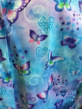 Womens, Scrub Jacket Women, SCRUB HQ, Lt Blue, Lavender Purple, Purple, Blue, Pink, Poly/Cotton, Novelty Pattern, S, Butterfly and Heart Pattern, Snap Front, Long Sleeves, 2 Pockets, Elastic Cuff