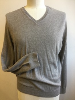 Mens, Pullover Sweater, BLACK BROWN 1826, Taupe, Wool, Solid, XL, V-neck, Long Sleeves,