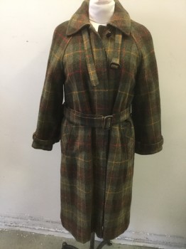 Womens, Coat, CAROL COHEN/BRAEFAIR, Olive Green, Dk Brown, Red, Goldenrod Yellow, Wool, Plaid-  Windowpane, M, Olive with Brown/Red/Goldenrod Windowpane, Heavy Itchy Wool, Single Breasted, Collar Attached, Hidden Button Placket, Raglan Sleeves, 2 Pockets, Solid Brown Silk Lining, **Comes with Small Belt for Neckline and Belt for Waist, Both in Self Fabric with Brown Buckle