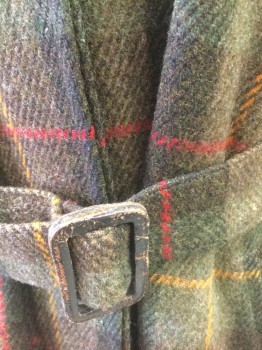 CAROL COHEN/BRAEFAIR, Olive Green, Dk Brown, Red, Goldenrod Yellow, Wool, Plaid-  Windowpane, Olive with Brown/Red/Goldenrod Windowpane, Heavy Itchy Wool, Single Breasted, Collar Attached, Hidden Button Placket, Raglan Sleeves, 2 Pockets, Solid Brown Silk Lining, **Comes with Small Belt for Neckline and Belt for Waist, Both in Self Fabric with Brown Buckle