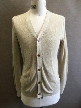 Mens, Cardigan Sweater, BANANA REPUBLIC, Oatmeal Brown, Silk, Linen, Solid, S, Button Front, Pique Weave, 2 Pockets, Ribbed Knit Cuff/Waistband