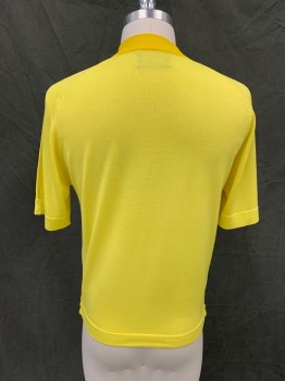 PREMIERE, Yellow, Nylon, Solid, Ribbed Knit Mock Turtleneck and V Front, Raglan Short Sleeves, Button Detail at Curr and Side Hem, *mended Hole in V-neck*,