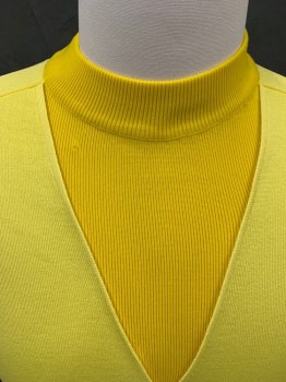 PREMIERE, Yellow, Nylon, Solid, Ribbed Knit Mock Turtleneck and V Front, Raglan Short Sleeves, Button Detail at Curr and Side Hem, *mended Hole in V-neck*,