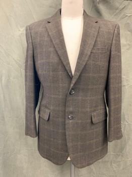 Mens, Sportcoat/Blazer, JOS A. BANKS, Brown, Black, Lt Brown, Wool, Heathered, Grid , 42R, Single Breasted, Collar Attached, Notched Lapel, 2 Buttons, 3 Pockets