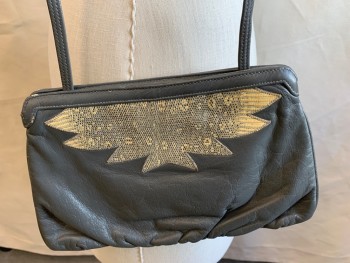 Womens, Purse, PALIZZIO, Gray, Leather, Solid, with Cream/gray Textured Pointy Appliqué, Thin Long Strap, Metal Band Snap Closure